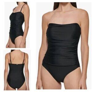 NWT DKNY Black‎ One Piece Strap/Strapless Bandeau Maillot Swimsuit Sz XS